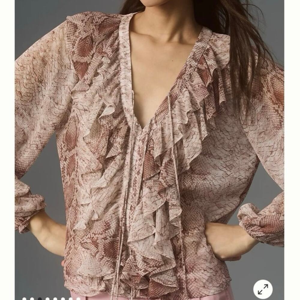 Anthropologie tan snakeskin blouse ruffles long sleeve XL boho western